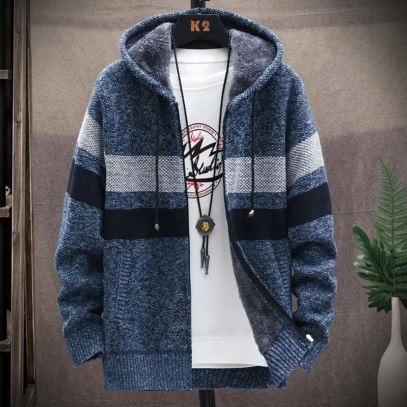 Customized Striped Mens Sweater Coat Thick Fleece Warm Zipper Wool Hooded Cardigan Jumpers Men Long Sleeve Knitted Sweaters