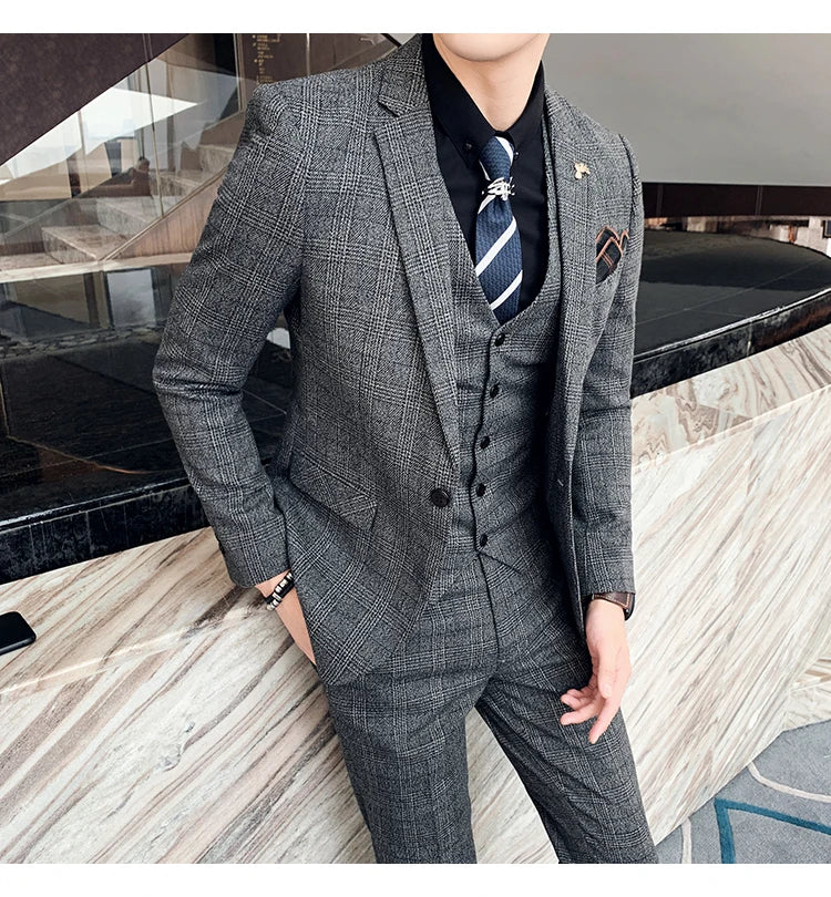 High Quality British Korean Modified Plaid Men (suit + Vest + Trousers) Stylish and Handsome Business Casual Three-piece Suit