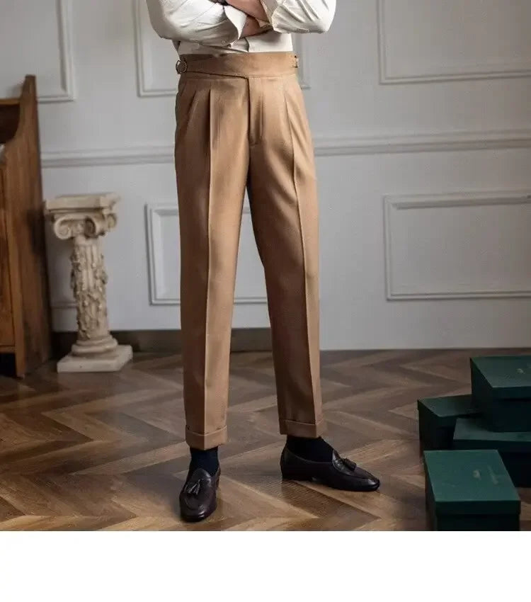 Spring Autumn White Men's Trousers Business Casual Cropped Pants Paris Button Trendy Italian Style