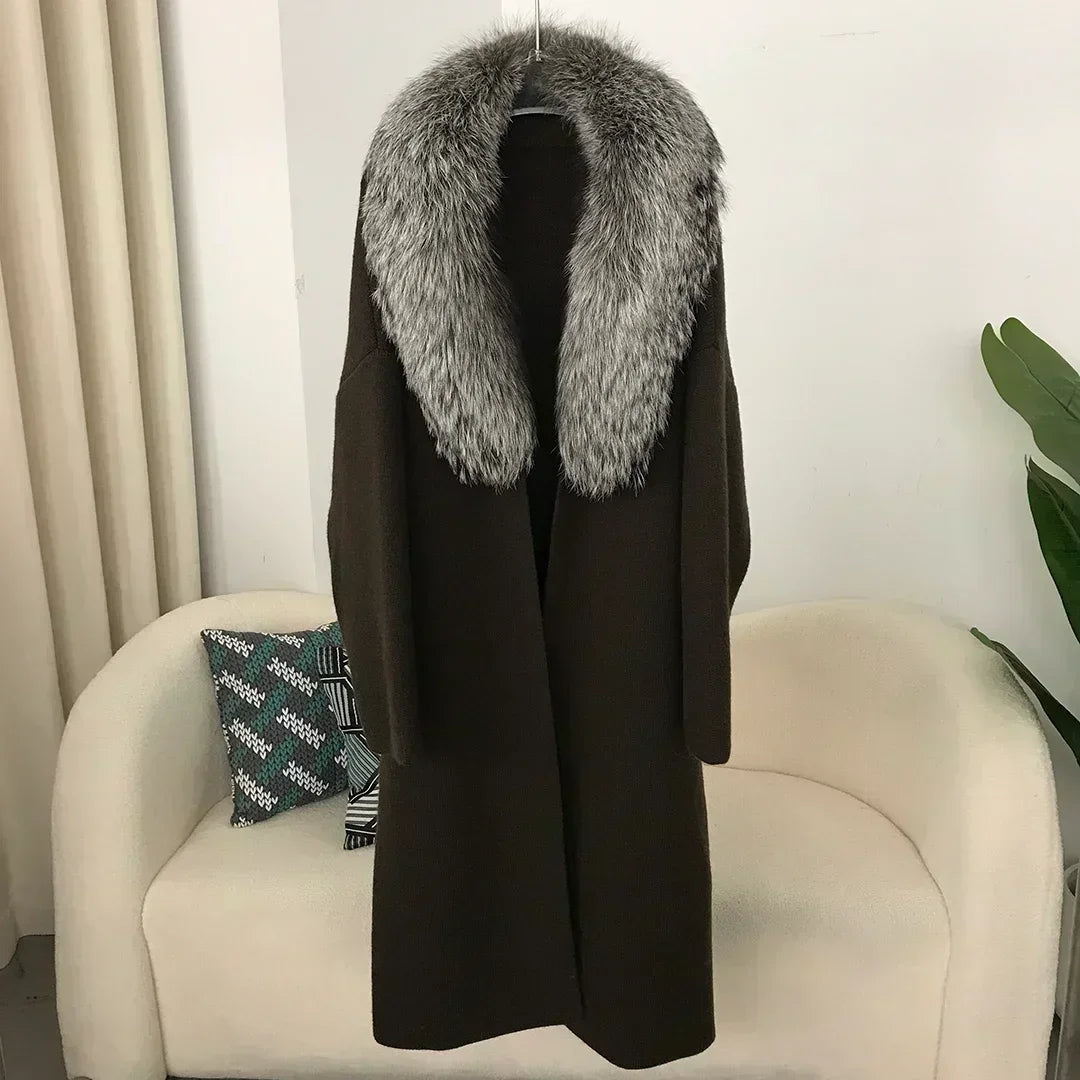 2024 Natural Fox Fur Collar Jacket Spring Autumn Real  Sweater Fur Coat Women Belt Long Loose Thick Warm Outerwear Knitting Coat