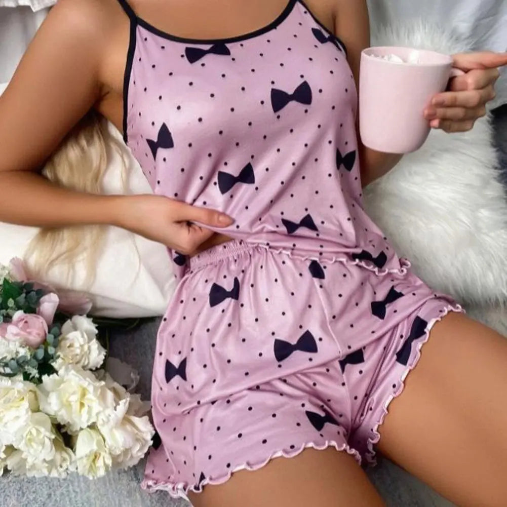 Women Satins Pajamas Set Cute Sexy Soft Cozy Thin Type Casual Printed Camisole Sleepwear With Shorts For Home Wear Daily Wear