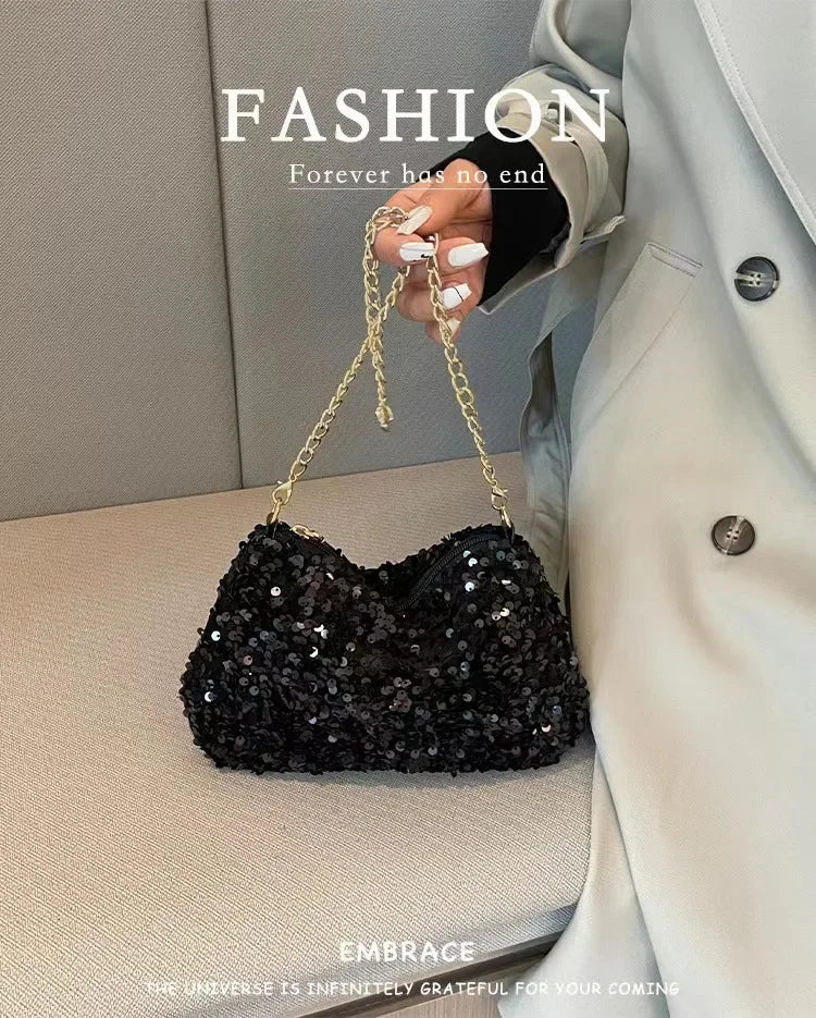 Sequins Crossbody Chain Bag Simple INS Solid Color Sequins Shoulder Bag Underarm Bag Phone Purse Evening Clutch Bags Handbag