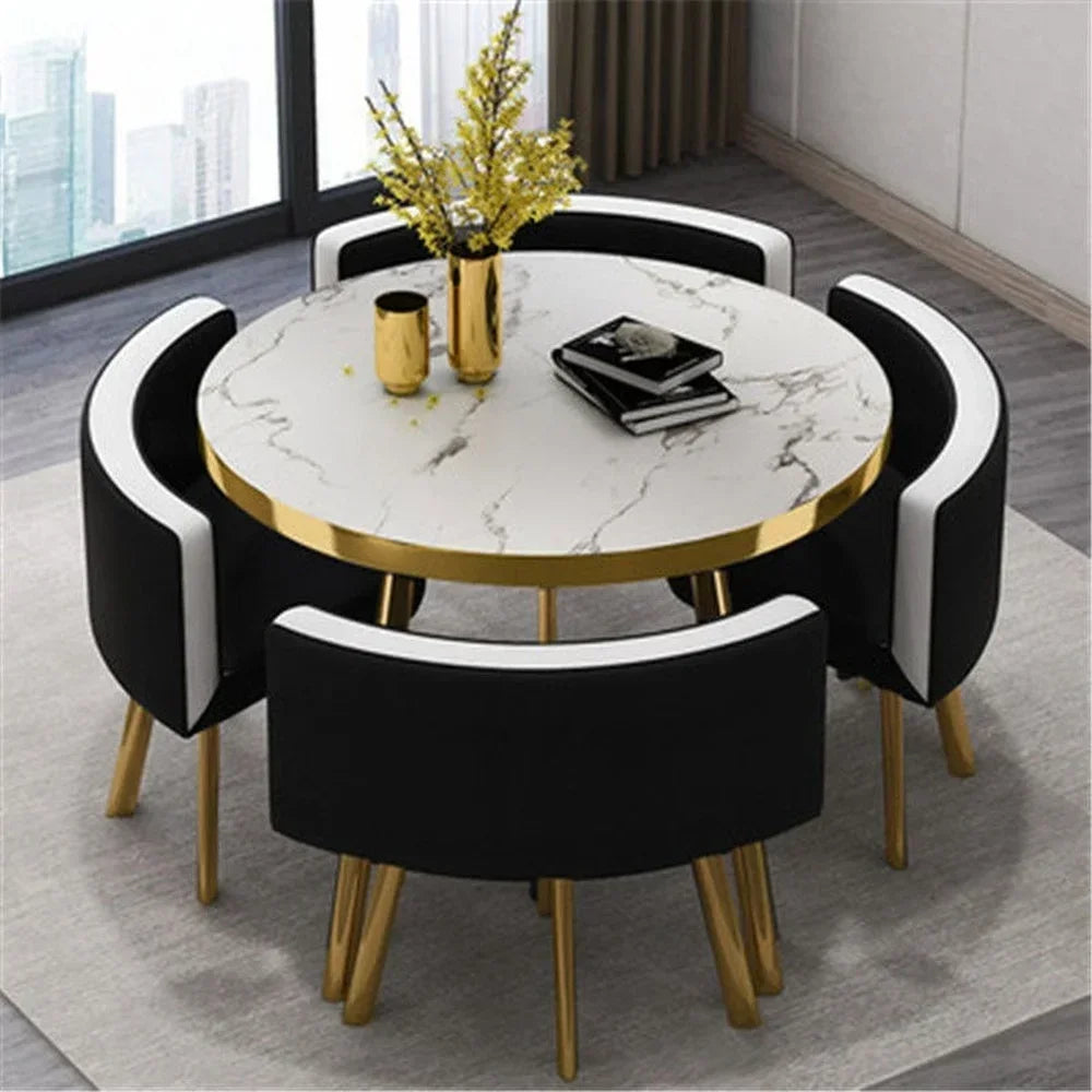 Marble Round 80cm Dining Tables Set 4 Chairs Modern Center Wood Table Luxury White Apartment Furniture