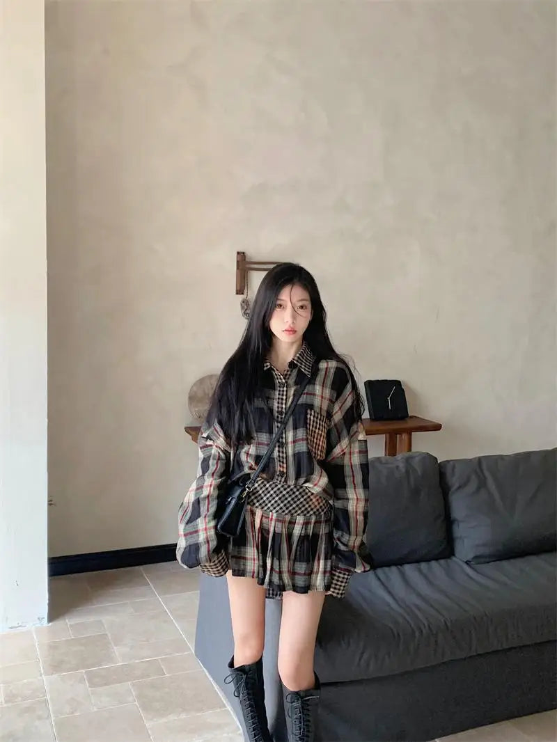 Onalippa Contrast Plaid Two Piece Sets Womens Outfits Turn Down Collar Casual Blouse Korean Chic Waist Belt Mini Pleated Skirts