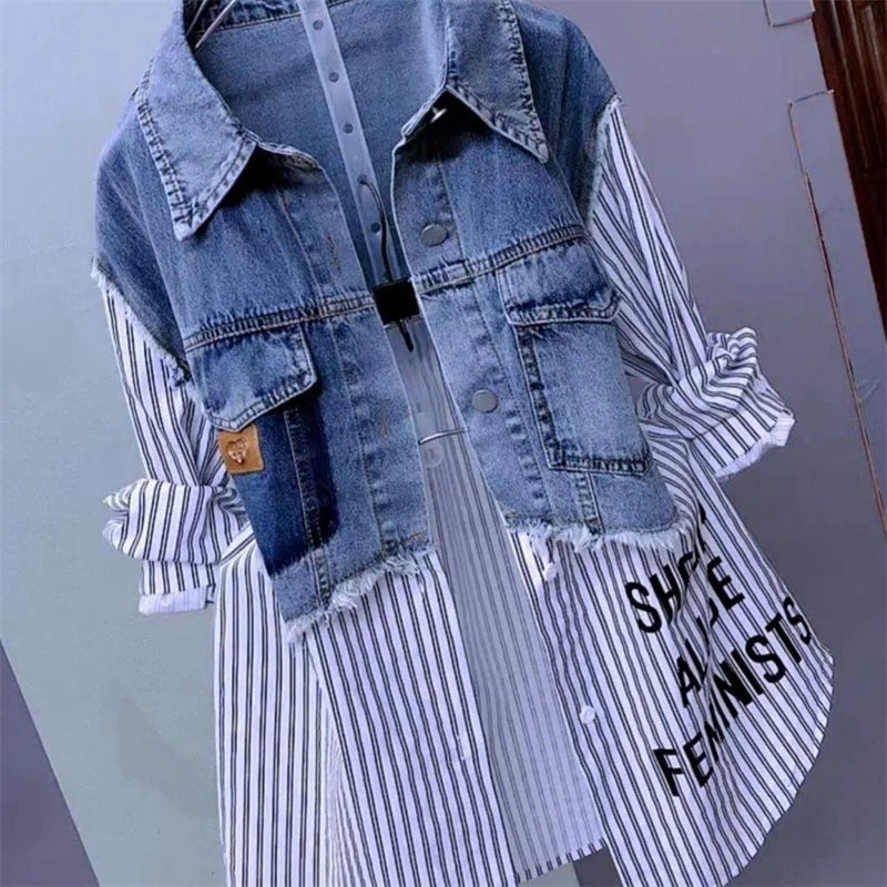 Nouvelle veste en jean épissé pour femmes printemps automne mode coréenne chemise en jean hauts vestes en jean décontractées coupe-vent pour femmes