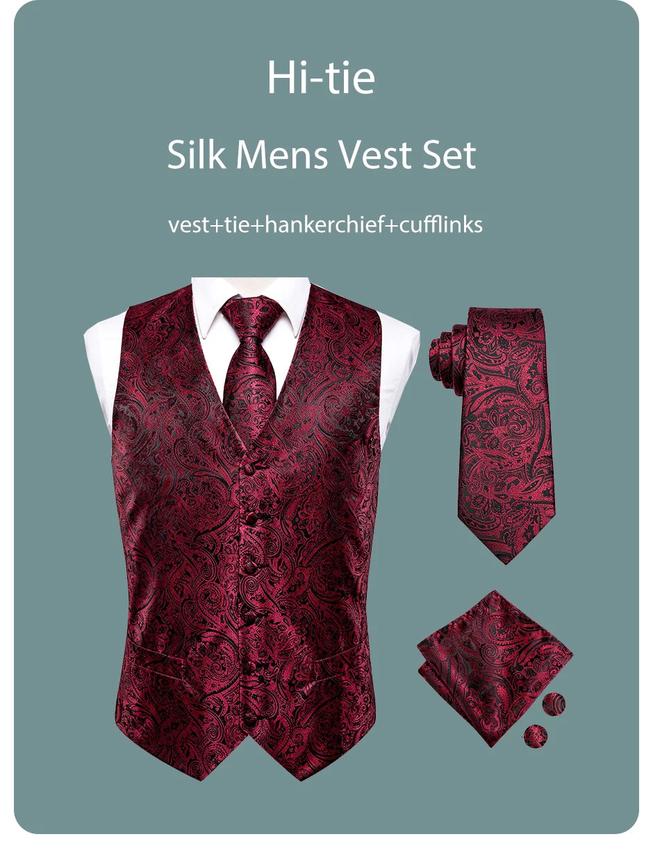 Hi-Tie 4PC Silk Men's Vest With Tie Hanky Cufflink Business Formal Dress Slim Sleeveless Jacket Burgundy Paisley Suit Waistcoat