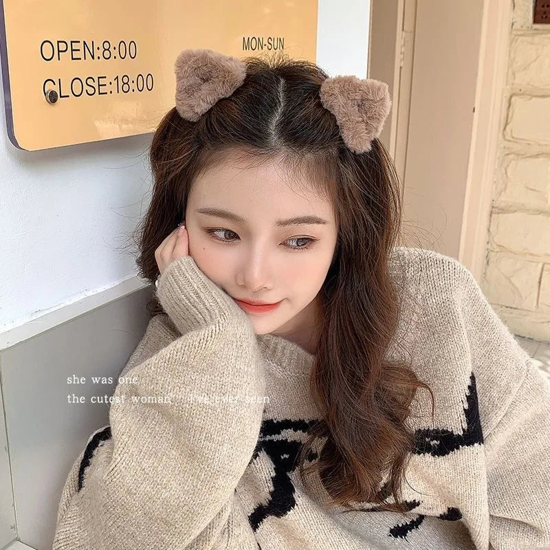 Plush Cat Ears Hair Clips For Women Girls Lamb Cashmere Hairpin Forehead Bangs Clip Fluffy Children New Winter Hair Accessories