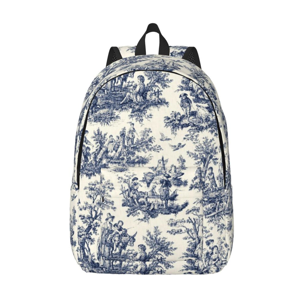 Personalized Navy Blue Toile De Jouy Canvas Backpacks Men Women Basic Bookbag for School College French Countryside Floral Bags