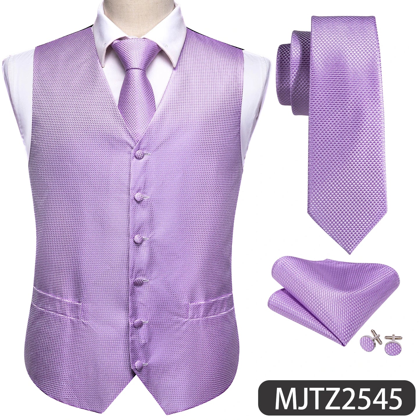 Lilac Purple Violet Lavender Silk Men Vest Tie Hanky Cufflinks Set Woven Waistcoat Sleeveless Jacket Wedding Business Barry.Wang