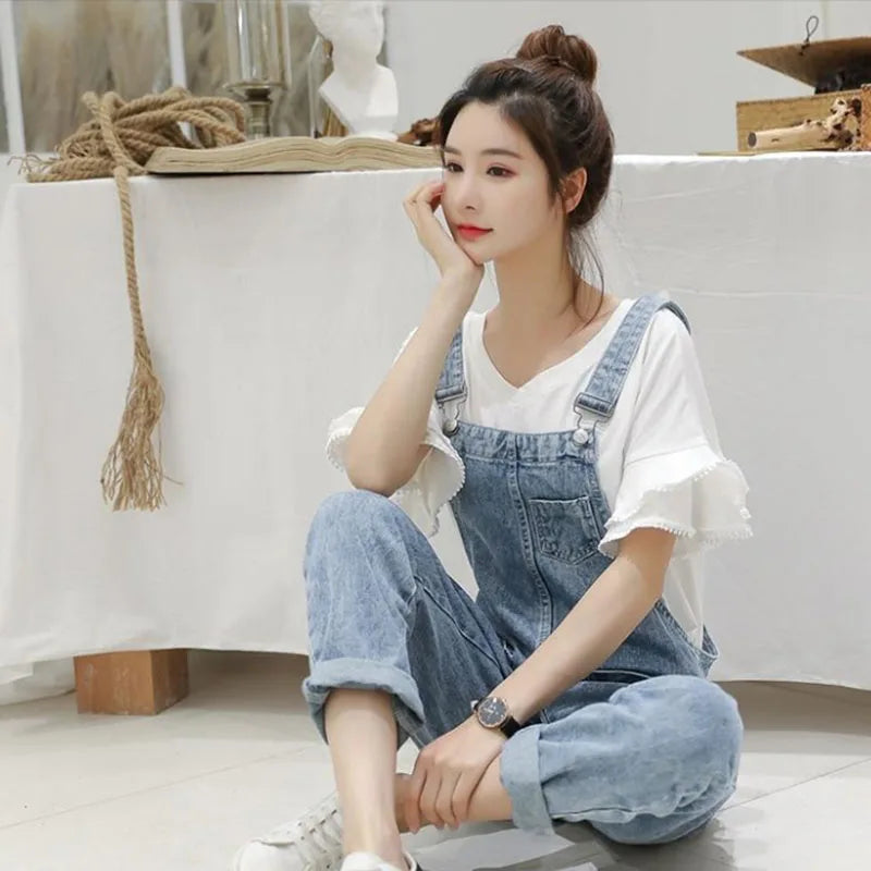 Biyaby Washed Denim Jumpsuit Women Casual High Waist Blue Wide Leg Pants Female 2024 Spring Korean Loose Pockets Jean Overalls