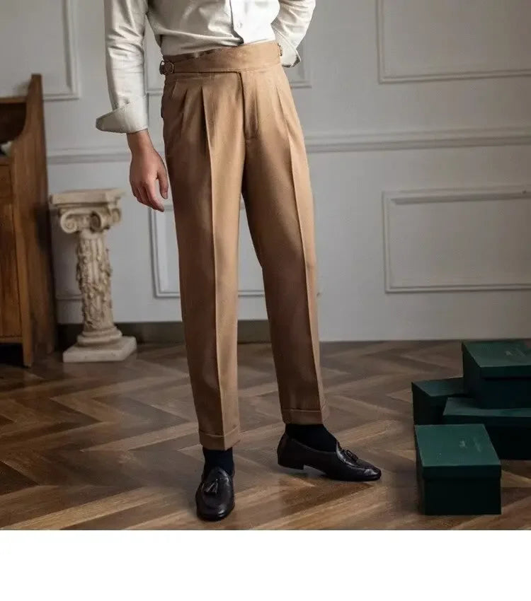 Spring Autumn White Men's Trousers Business Casual Cropped Pants Paris Button Trendy Italian Style