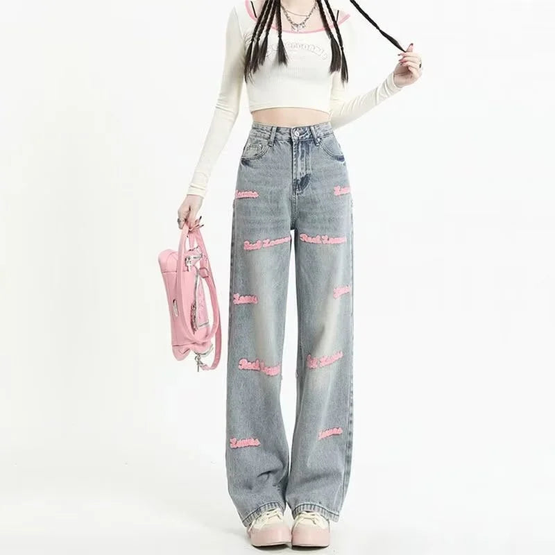 Loose Embroidered High-waist Women Jeans Spring Season Design Letter Straight Crotch Pants Slim Fit Dragging Long Pants