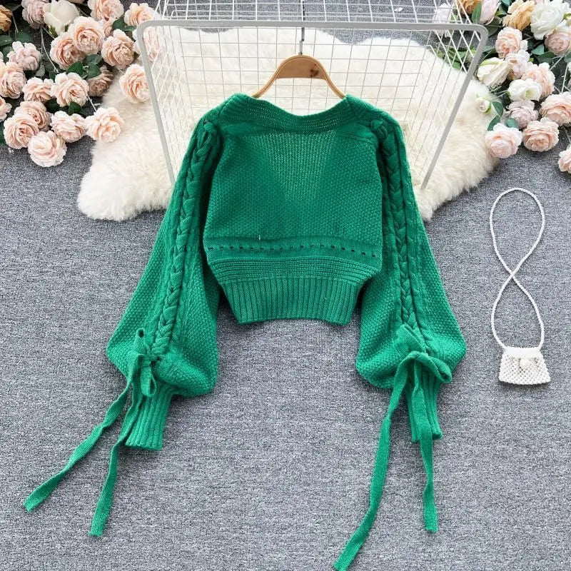 Green Casual Acrylic Knit V-Neck Lantern Long Sleeve Lace Up Women's Cardigan Sweater Short Cardigan For Women Clothing 2024