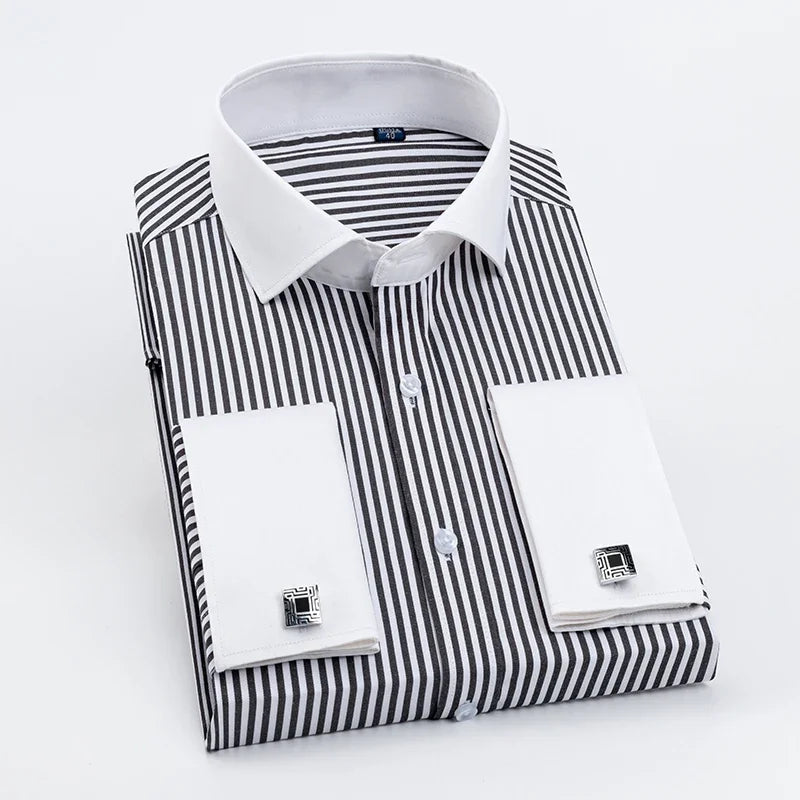 Men's French cufflink shirt with slim fit and contrasting color collar, Windsor collar, striped formal long sleeved shir