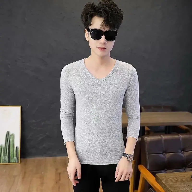 Men's Long Sleeve Black V-neck Base Layer T-shirt Solid Color Autumn Innerwear Thin Style Comfortable Men's Top