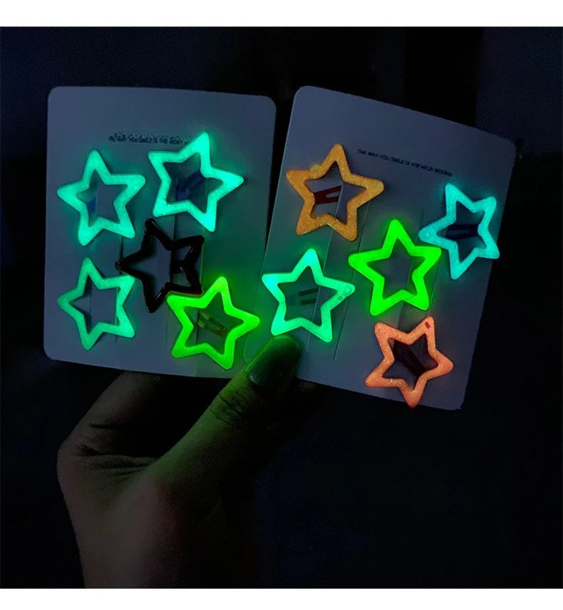 10pcs Colorful Glow in The Dark Star Heart Hairpin BB Snap Clips Luminous Barrettes Girls Hair Grip Kid Headdress Accessories