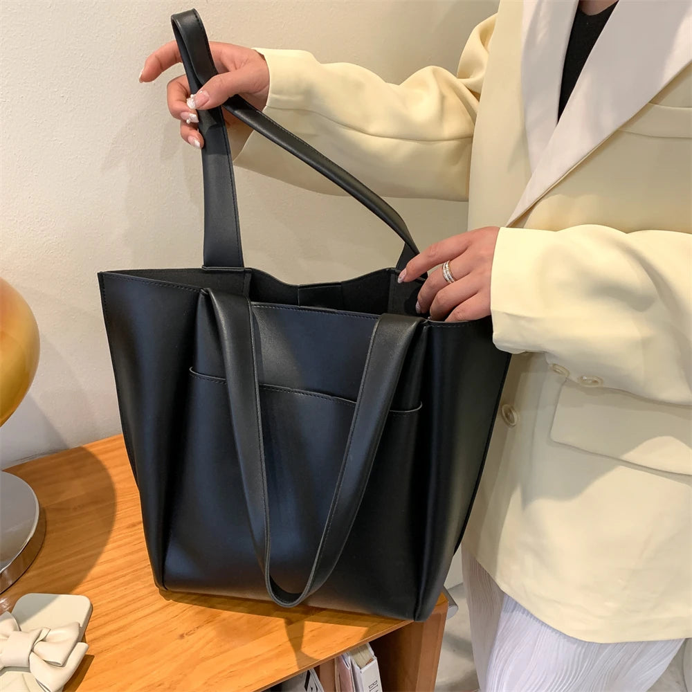 Sac fourre-tout décontracté en cuir souple de haute qualité pour femme, couleur unie, grande capacité, sac à bandoulière simple avec poche extérieure