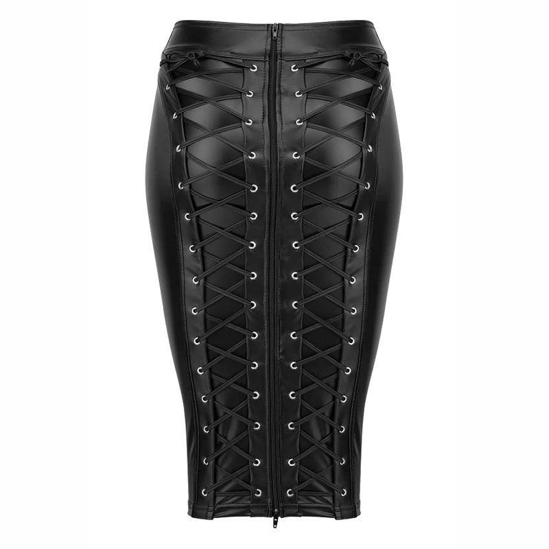 Women Leather Skirt Lace Up Zipper Pencil Skirt Steampunk Dress