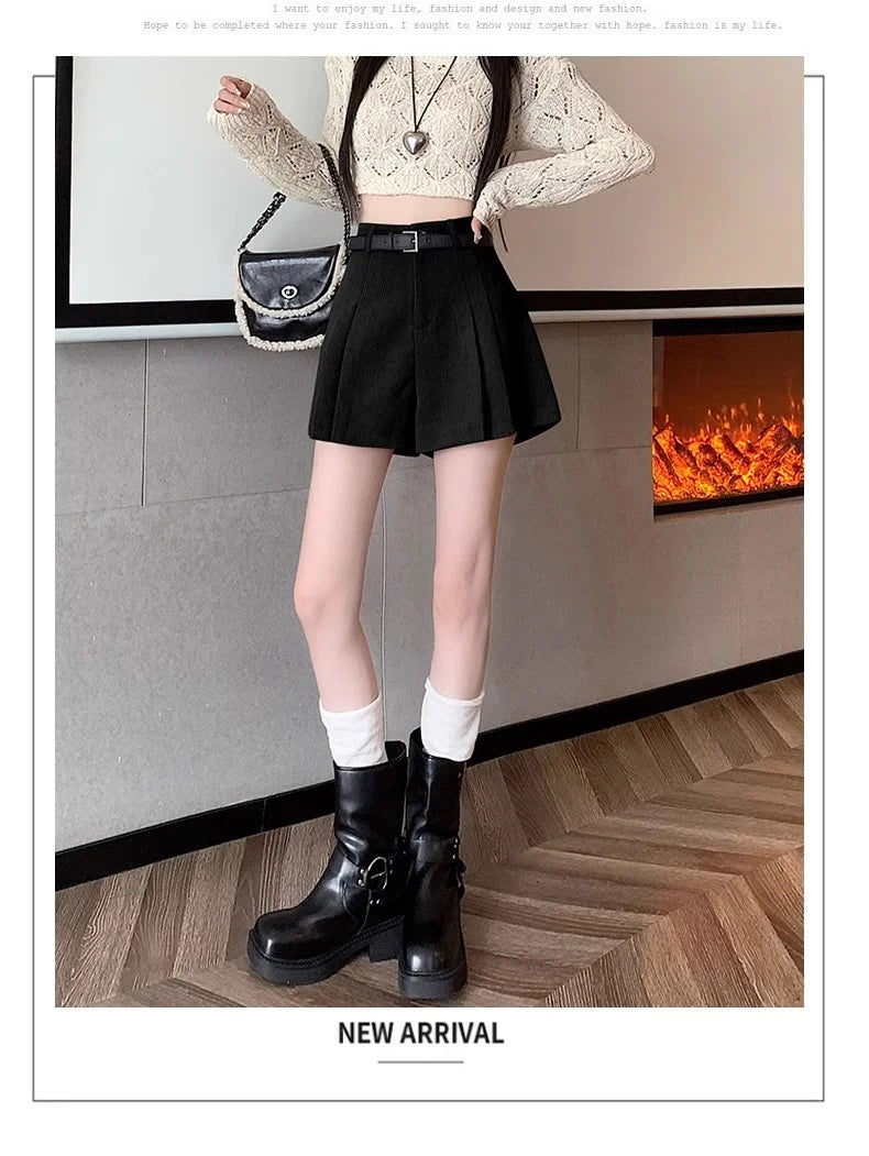 Corduroy Velvet Women Shorts Autumn Winter High Waist Slim Flared Trousers Fashionable Temperament A- crotch Boots