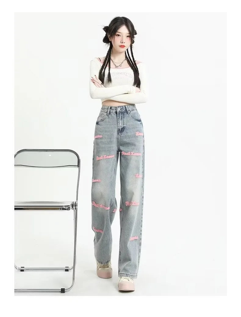 Loose Embroidered High-waist Women Jeans Spring Season Design Letter Straight Crotch Pants Slim Fit Dragging Long Pants