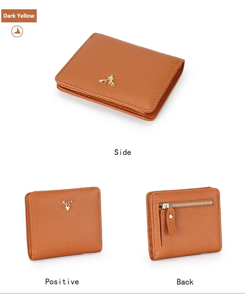 Cowhide Women's Purses Short Thin Small Wallet Chic Christmas Deer Button Ladies Genuine Leather Card Holder Wallet Coin Purse