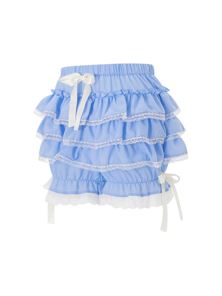 Women Lace Ruffle Shorts Kawaii Lolita Bloomers Layered Boxer Shorts Cute Pumpkin Pants Boy Shorts Bottoms (A Blue, S)