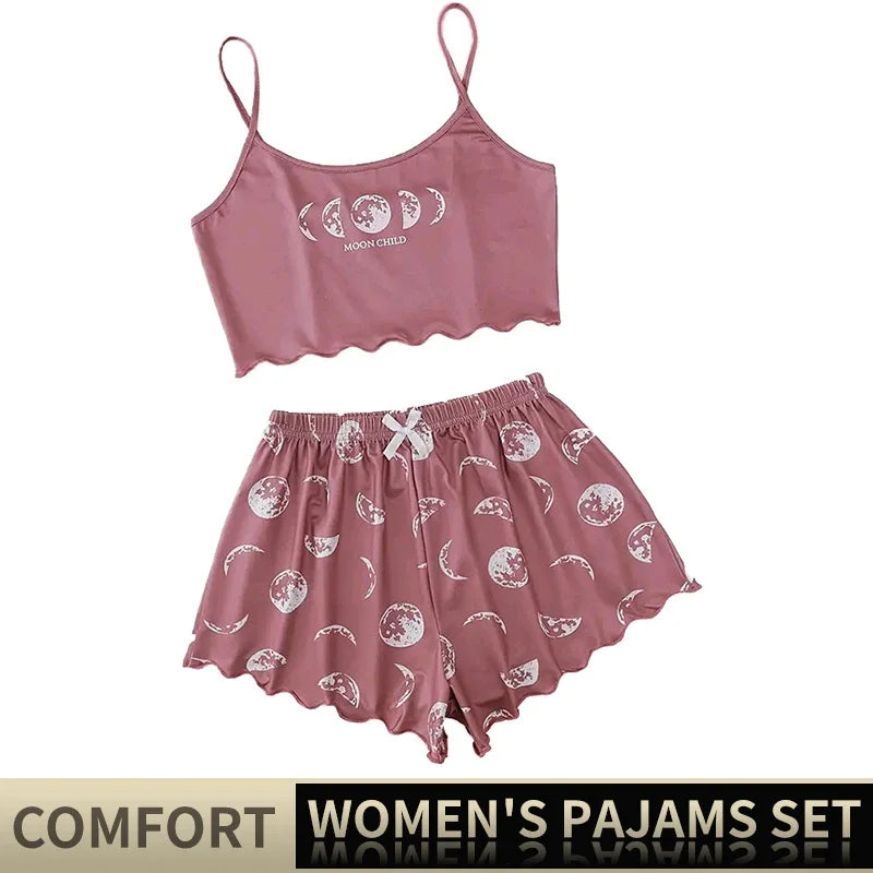 Nouveau pyjama pour femme, ensemble de pyjama, caraco et short, imprimé lune et planète rose, doux et confortable, vêtements de maison