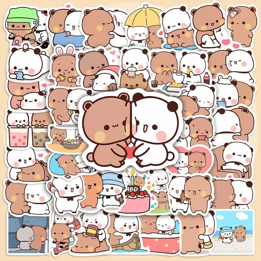 50sheets/set Bear Cute Bear and Panda Stickers Waterproof Panda Cartoon Bear and Panda Stickers Cartoon PVC Bubu Dudu Stickers