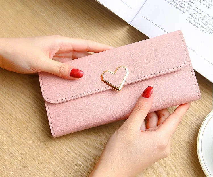 2024 Women Tri-Fold Wallet Metal Heart Pattern Girls Money Pocket Card Holder Luxury Designer Phone Clutch Fashion Card Holder