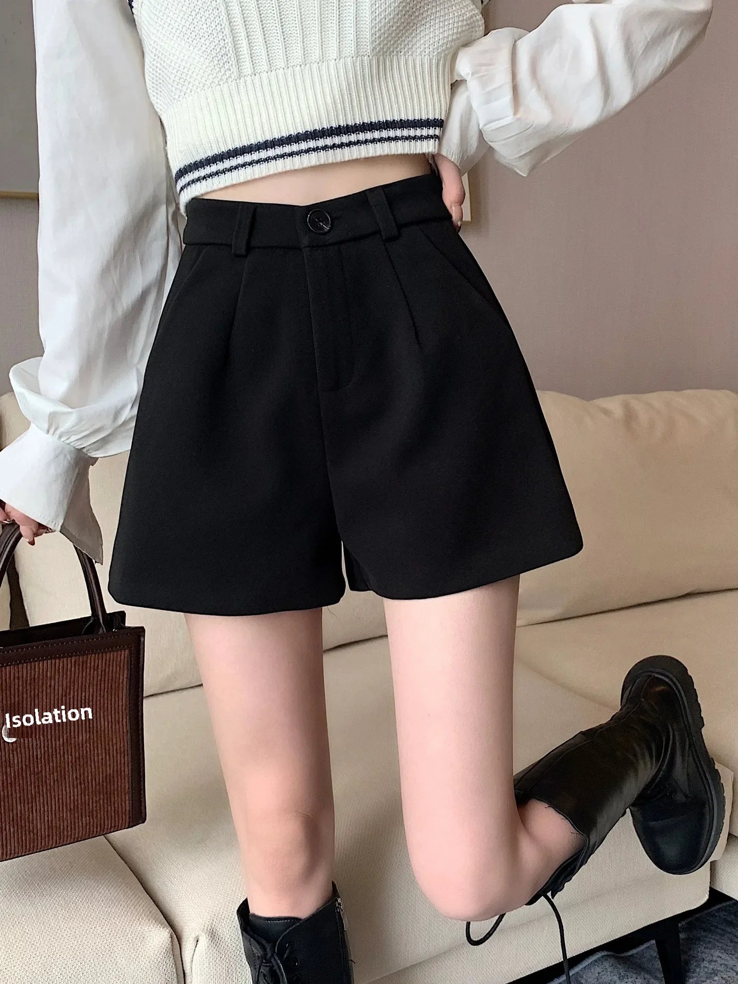 Black Woolen Shorts Women's Autumn/winter Outerwear Petite High-waisted Bell Bottoms 2023 New Slimming Base Boot Pants