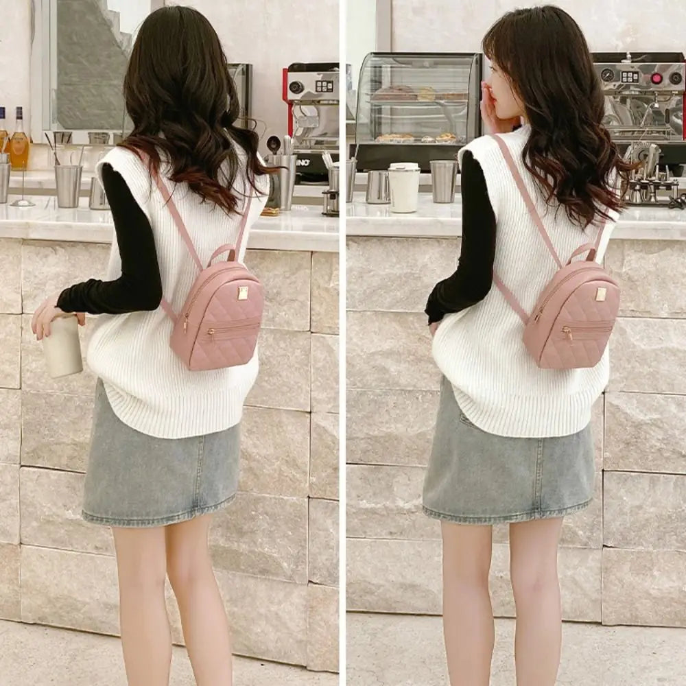 Mini Lingge Embroidery Small Backpack Fashion Solid Color Zipper Women Shoulder Bag Large Capacity PU Leather Travel Rucksack