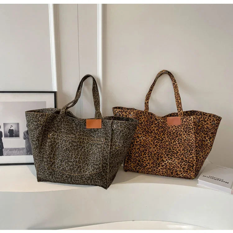 Oversized Leopard Prints Shoulder Bags for Women Deformable Canvas Large Capacity Shopping Totes 2024 Winter New Luxury Handbags