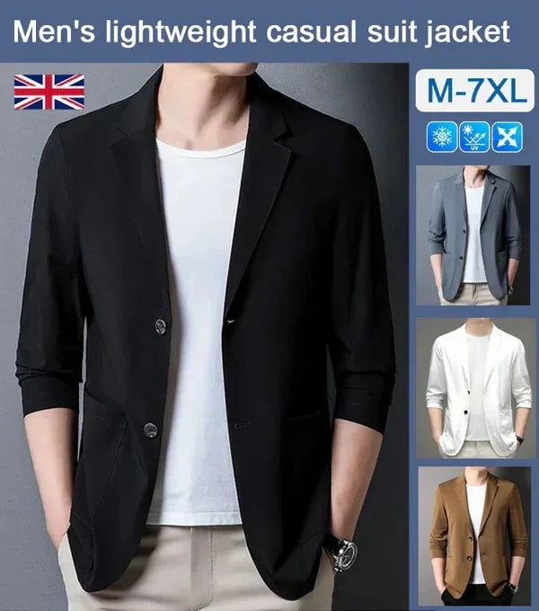 Men's Light Suit Jacket Summer Fashion Thin Blazer Anti-Wrinkle Slim Solid Lapel Casual Suit Breathable