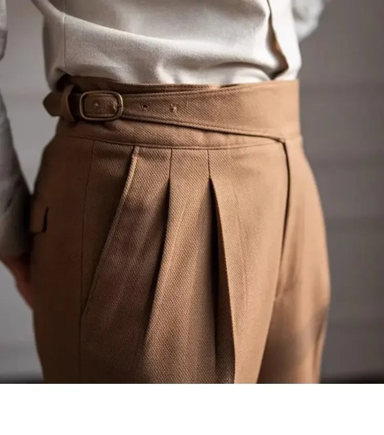 Spring Autumn White Men's Trousers Business Casual Cropped Pants Paris Button Trendy Italian Style