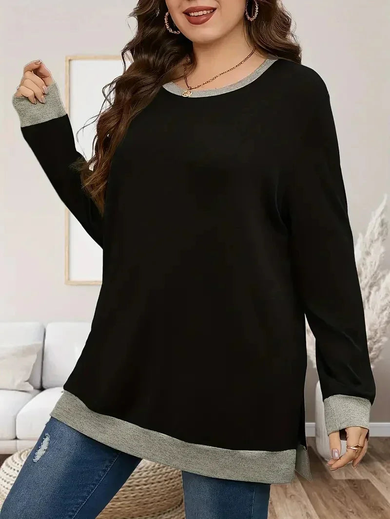 Women's XL-5XL Plus  Size Casual Color Blocking Long-sleeved T-shirt Pullover Fashion Crew-neck Sweatshirt Top