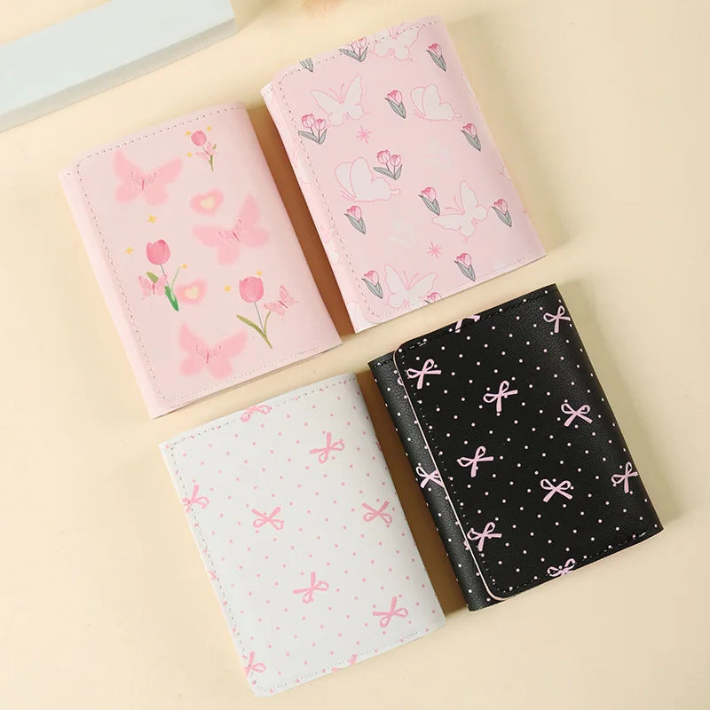 Cute Flower Bow Wallet Women Sweet Pink Three Fold Purse Card Holder for Girl Portable Travel Cash Coin Pouch Photo Card Bag