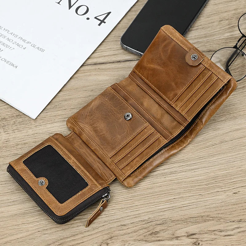 Leather Men‘s Short Wallet Hasp Genuine Leather Unisex Zipper Coin Clutch Purse Cowhide Card Holder Trifold Man wallets