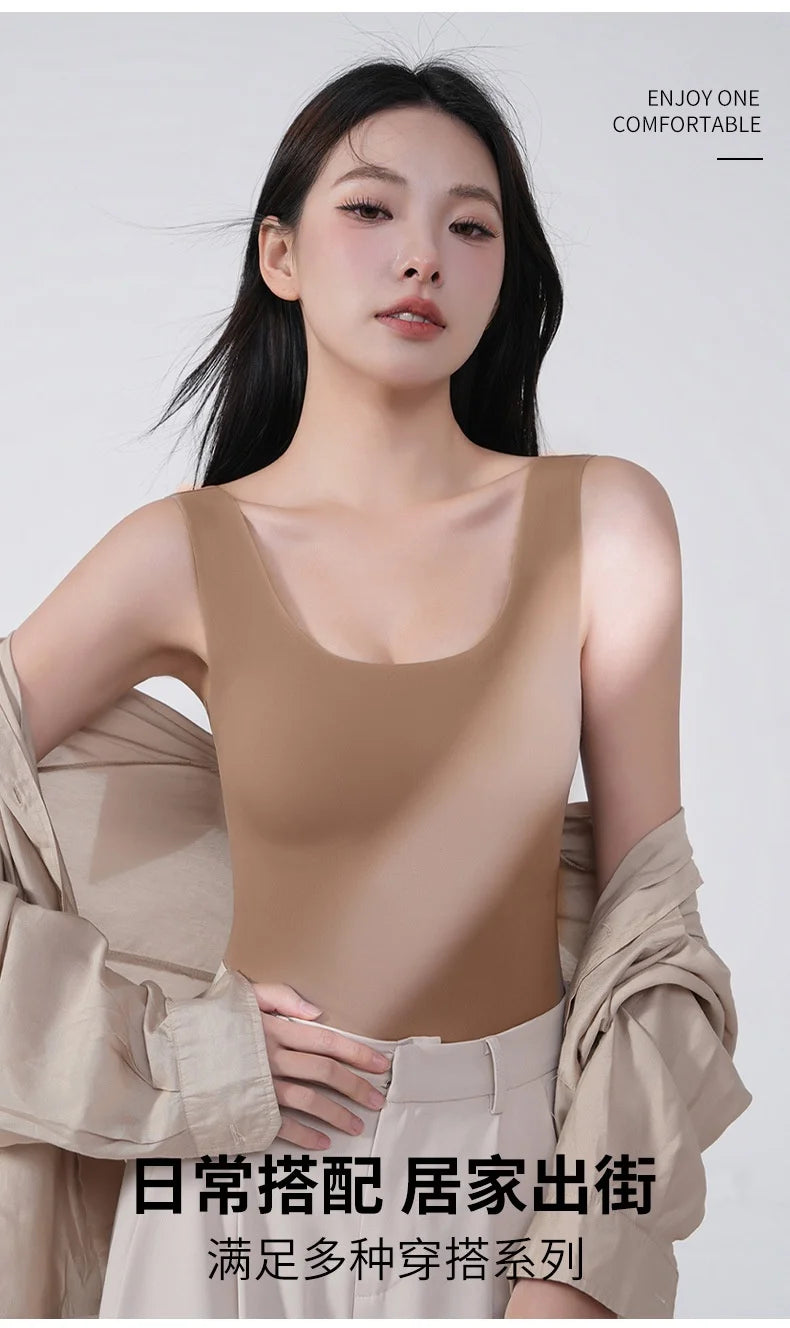 2PCS/Lot Silk Seamless Tank Top with Fixed Chest Pad Women's Camisole Top Sleeveless Inner Outerwear Camison Verano High Strecth