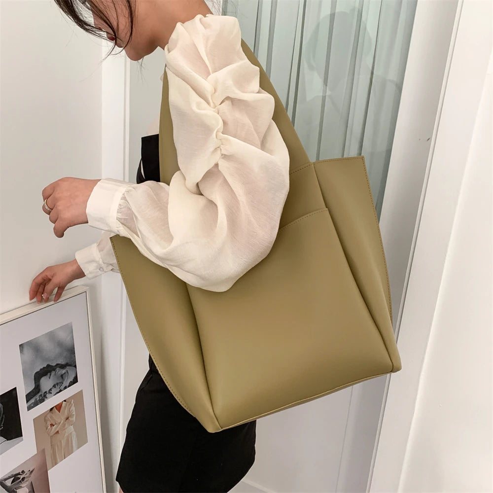 Sac fourre-tout décontracté en cuir souple de haute qualité pour femme, couleur unie, grande capacité, sac à bandoulière simple avec poche extérieure