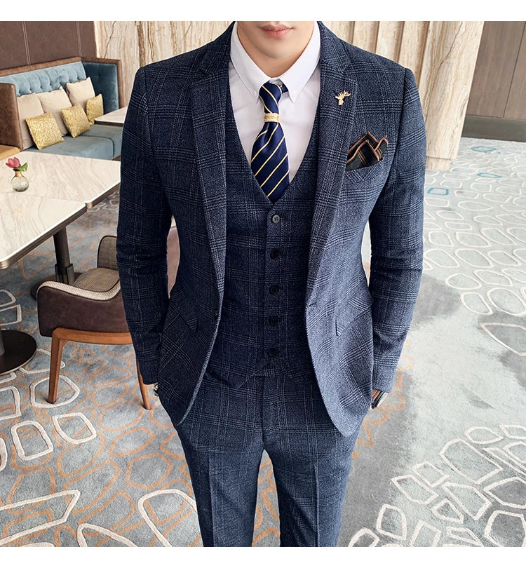 High Quality British Korean Modified Plaid Men (suit + Vest + Trousers) Stylish and Handsome Business Casual Three-piece Suit