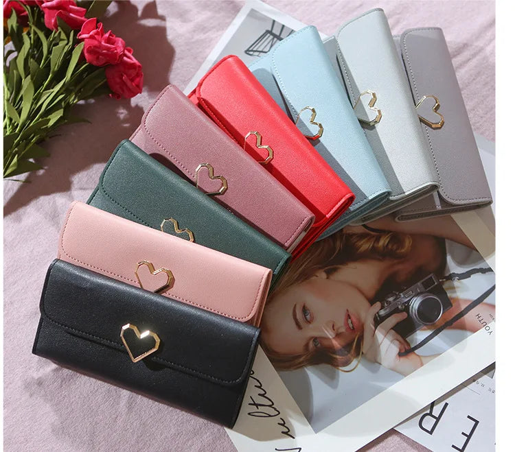 2024 Women Tri-Fold Wallet Metal Heart Pattern Girls Money Pocket Card Holder Luxury Designer Phone Clutch Fashion Card Holder