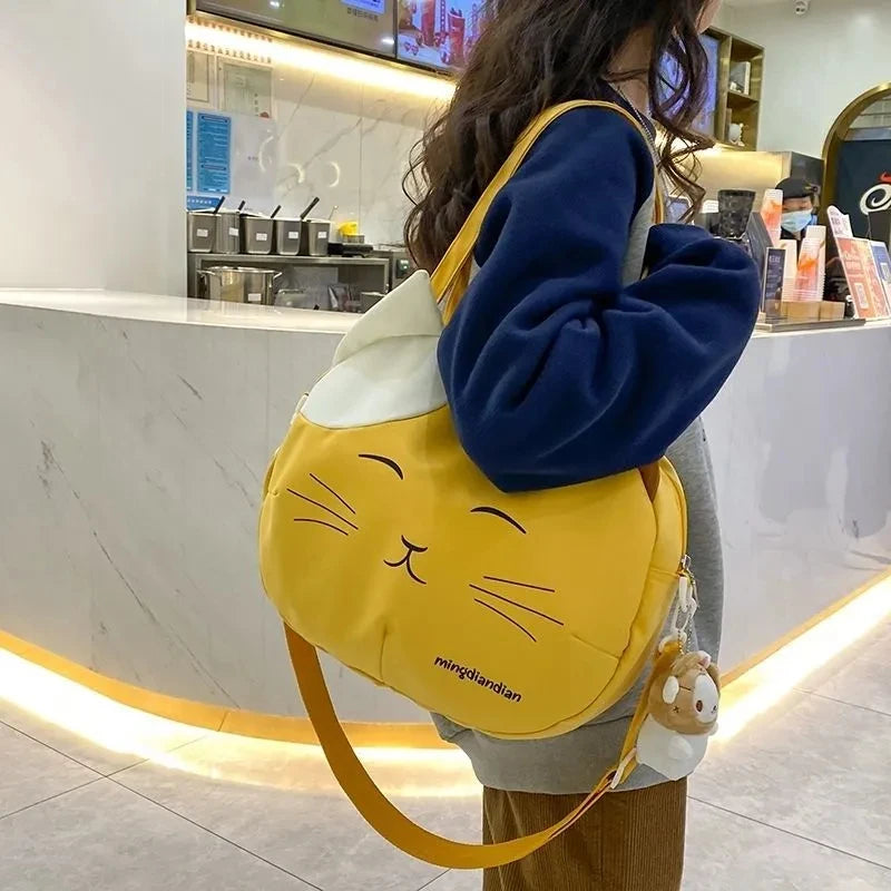 Canvas Nylon Prints Cat Messenger Bag Cute College Style Large Capacity Crossbody Bag Portable Shoulder Bag Handbag Streetwear