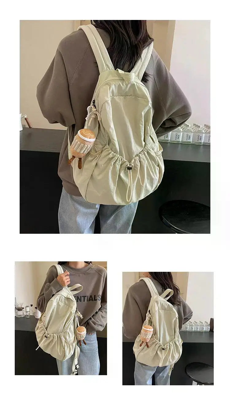 Casual Backpack Women Large Capacity Fashion Junior High School Student Pleat Schoolbag Cloth Bag Korean Travel Backpack