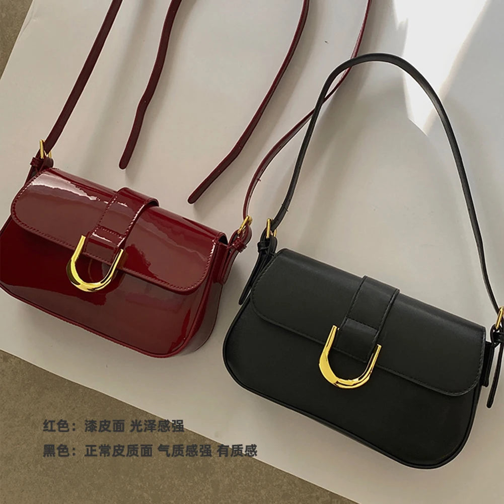 Retro Patent Leather Shoulder Bag For Women Luxury Flap Crossbody Bag Solid Color Underarm Bag Red Crossbody Bag Lady Handbag