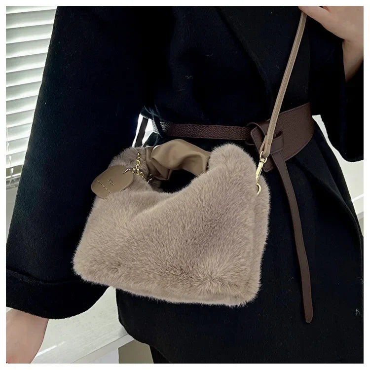 New Fashion Women Lady Shoulder Underarm Bag Solid Color Soft Plush Handbag Fluffy Totes Purse Autumn Winter Shopping Bag