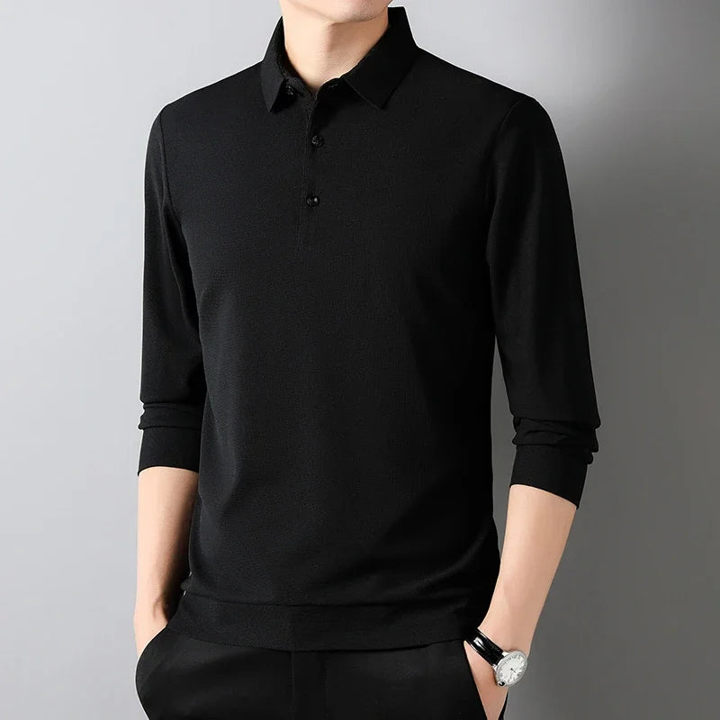 Men's Fashion Waffle Solid Long Sleeved Polo Shirt Summer Breathable Comfortable Top