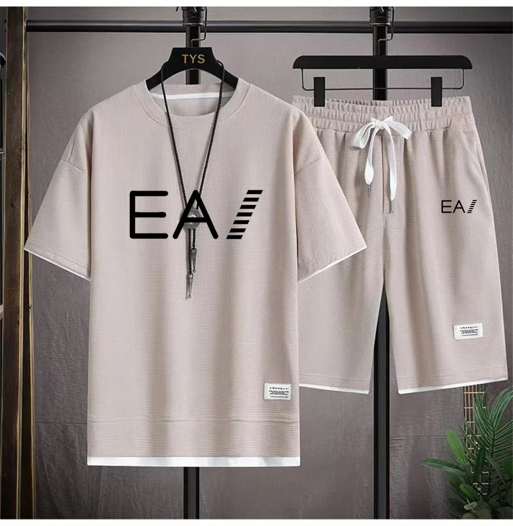 Men's summer new round necked short sleeved and shorts two-piece set with the letters EA1 printed, fashionable and casual set