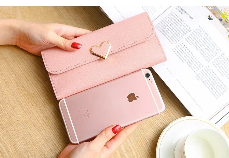 2024 Women Tri-Fold Wallet Metal Heart Pattern Girls Money Pocket Card Holder Luxury Designer Phone Clutch Fashion Card Holder