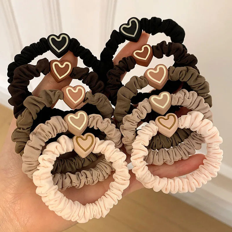 5Pcs Korean Heart Shaped Hair Ties Simple Elastic Soft Cotton Ponytail Holder Rubber Bands Scrunchie for Girls Hair Accessories