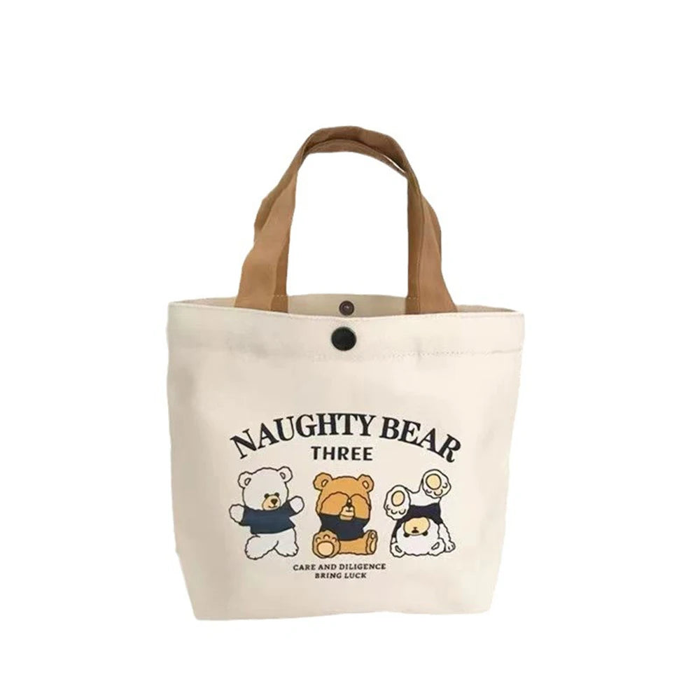 Small Versatile Handbag Cute Bear Mini Canvas Bag Female Student Lunch Box Bag Simple Tote Bag Office Worker Lunch Bag New